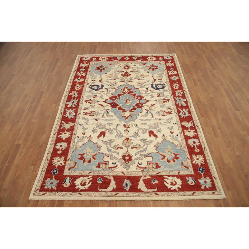 Hand Knotted Oriental 100% Wool Carpet Transitional Floral Beige & Ivories Oushak Area Rug - 9' 0'' X 6' 2''