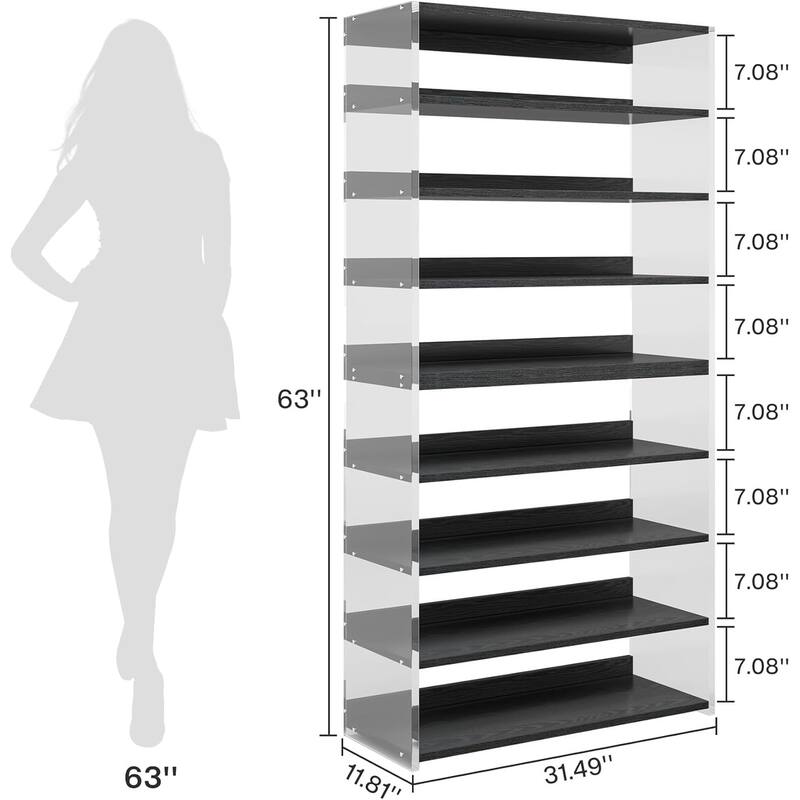 63" 8-Tier Acrylic Bookshelf, Modern Bookcase with Wood Shelves, Display Storage Rack for Living Room, Bedroom & Home Office
