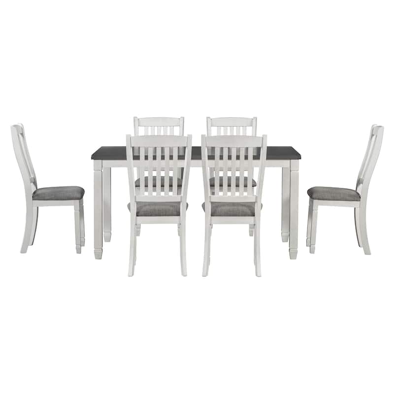 7 Piece Dining Table Set, Wooden Kitchen Furniture Set with Rectangle Table and 6 Upholstered Chairs with Shaped Legs
