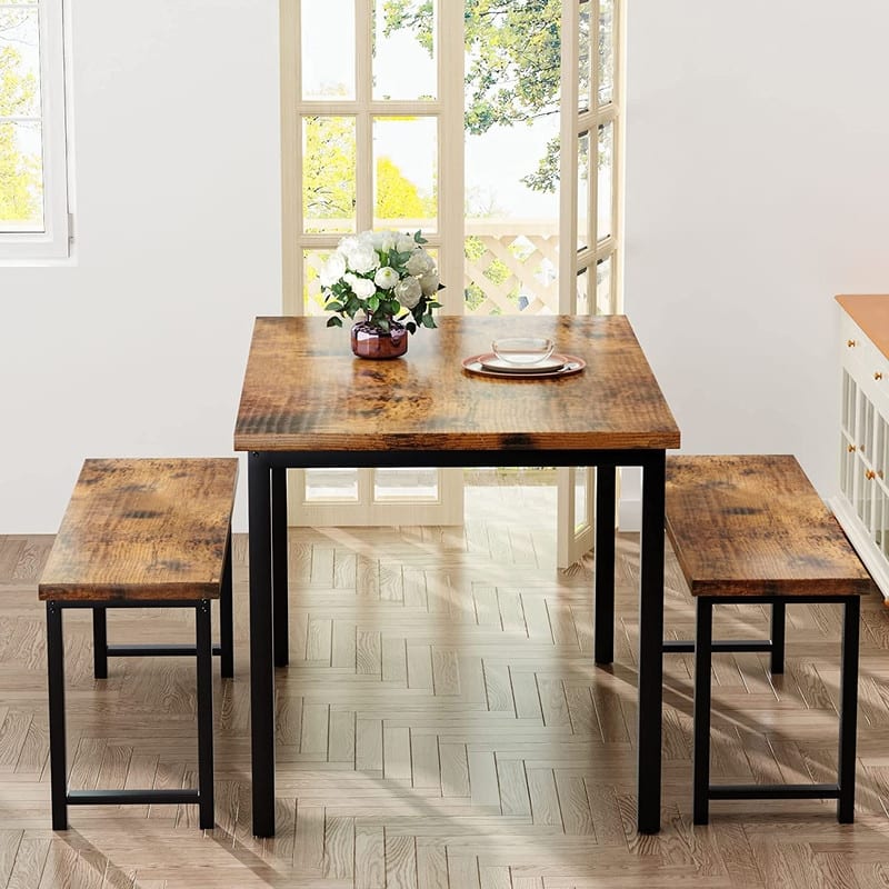 Industrial 3-Piece Dining Table Set, Retro Wood Kitchen Table Set with 2 Benches for Home Kitchen, Dining Room, Restaurant