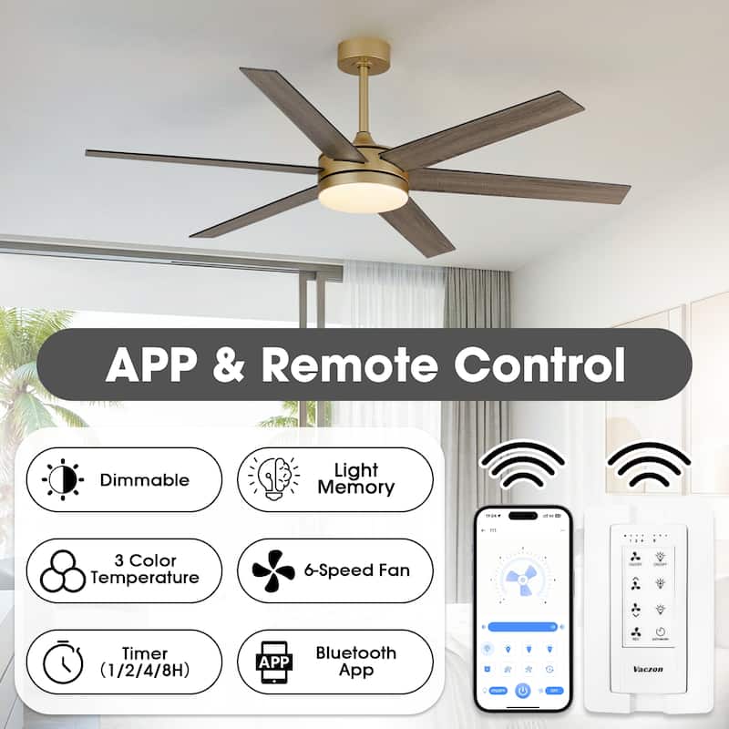 60" Transitional Brass Reversible Blades Smart Ceiling Fan with Dimmable LED Light and Remote