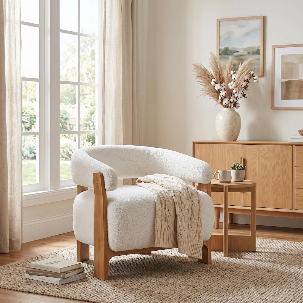 Christopher Knight Home - Aspen Accent Chair Boucle Upholstered Wooden Frame Accent Chair with Curved Arms and Ergonomic Comfort
