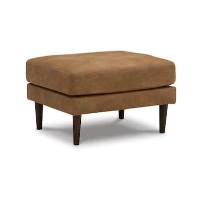 Tely Ottoman, Caramel Brown Faux Leather, Tapered Black Legs, 30 Inch