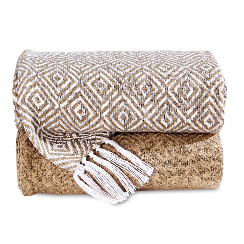 Hand Woven Cotton Throw Blankets All-Season with Fringes, 50x60" - Set of 2 - Beige