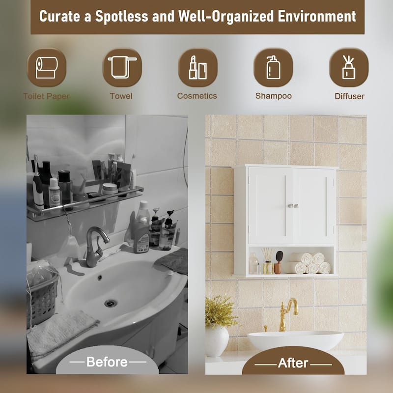 Bathroom Wall Cabinet with Door, Over Toilet Storage Cabinet with and Adjustable Shelves, 3-Tier Medicine Cabinet Wall Mounted