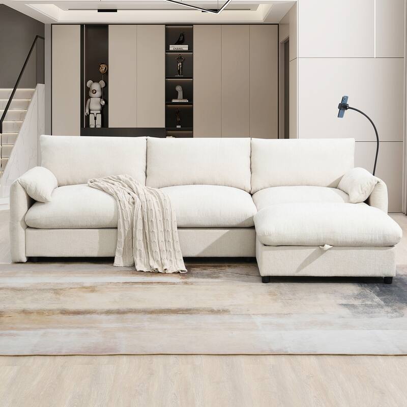 L Shaped Chenille Sectional Sofa with Storage Ottoman, Pockets, USB