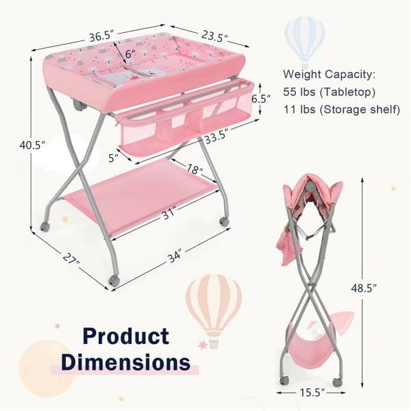 dimension image slide 1 of 2, Baby Changing Table with Safety Belt and 4-side Defence - 36.5" x 27" x 40.5"(L x W x H)