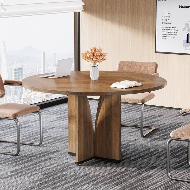 Wooden Conference Table, Round Meeting Table, Negotiation Business Training Room Desk - Brown