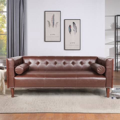 Modern 77.5" Wooden Sides Decorated Arm Living Room 3 Seater Leather Sofa with Nailheads Finish and 2 Rounded Pillow Back