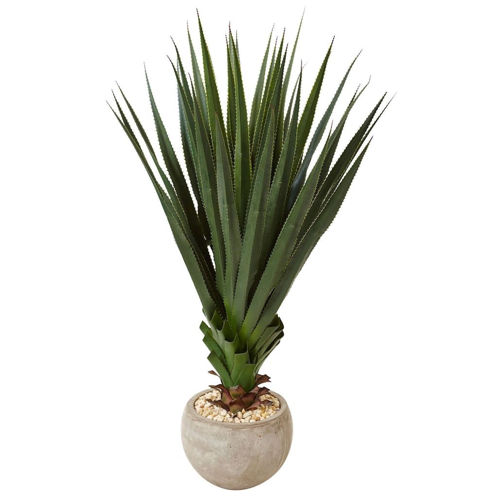 Artificial Spiked Plant in Sand Bowl - Cottage Decor, Minimalist Faux Plant, Indoor Outdoor Use, 32" Tall - Green