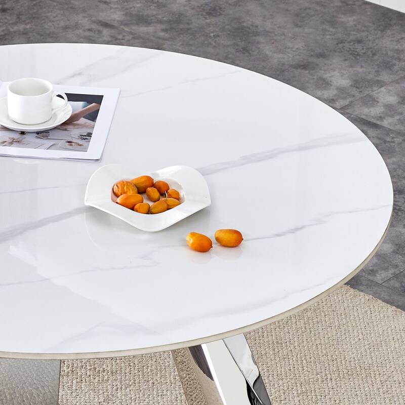 Dining Table with Stainless Steel Leg, 42-Inch Round Table with Marble Top