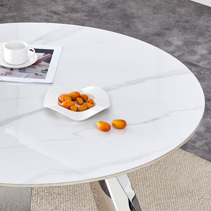 Roomfitters Round Sintered Stone Dining Table with 6 White Chairs, Modern Design Set