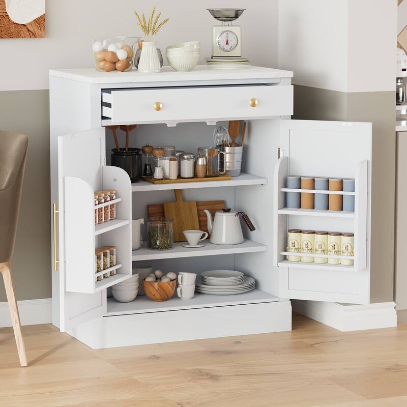 Modern Freestanding Kitchen Pantry,Buffet Food Storage, Coffee Bar Cabinet with Drawer, 2 Adjustable Shelves , Set of 2