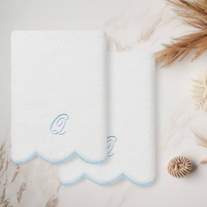 Authentic Hotel and Spa 100% Turkish Cotton Blue ADORNIA Scallop Personalized 2 Piece Hand Towel Set - 2 Hand Towels