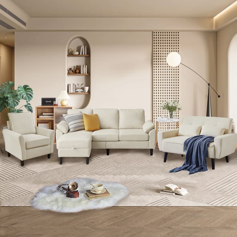 4-Piece Corduroy Living Room Sectional Sofa Set with Loveseat and Chair