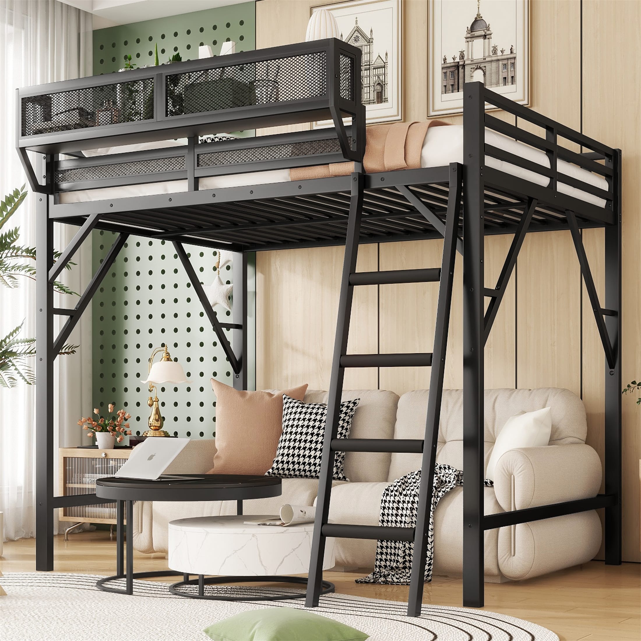 Queen Size Loft Bed with Ladder and Storage Shelves