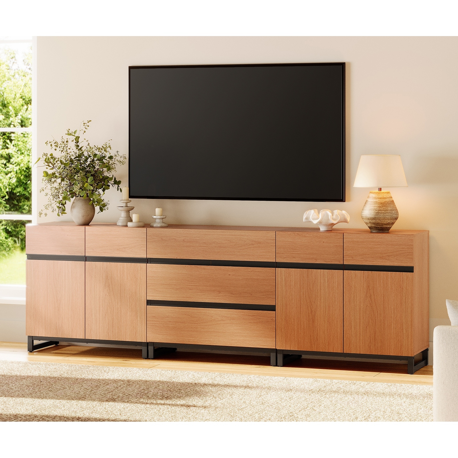 WAMPAT Modern TV Stand for TVs up to 100 inch, 3 in 1 TV Console with Adjustable Shelves and 3 Drawers for Living Room,Bedroom