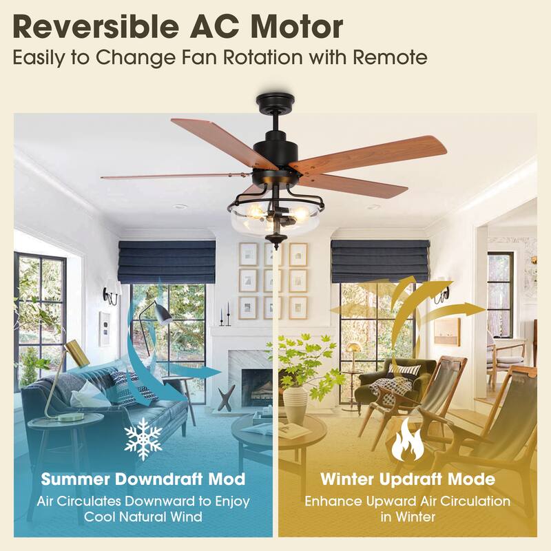 52-in Farmhouse Brown Glass Shade 5-Blade Reversible Ceiling Fan with Light Kit and Remote - 52 Inches