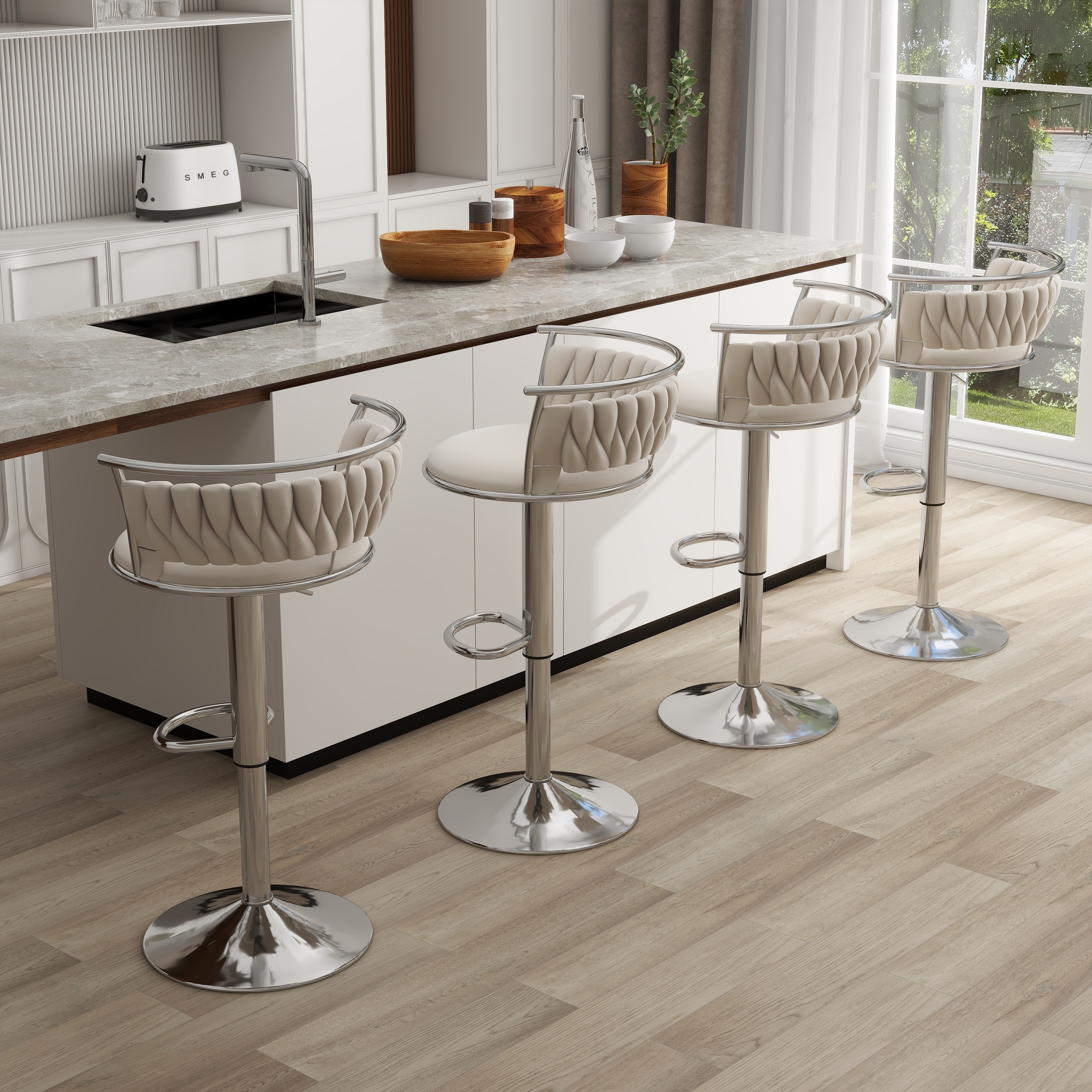 Set of 4 Bar Stools Adjustable Swivel with Gold Frame On Sale
