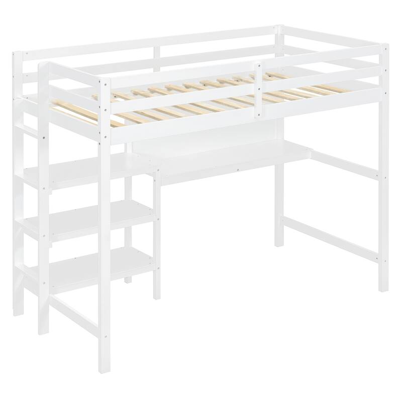 Twin Size Wooden Loft Bed with Built-In Desk, 3-Tier Shelves, Writing Board and Safety Guardrails, Space-Saving Design