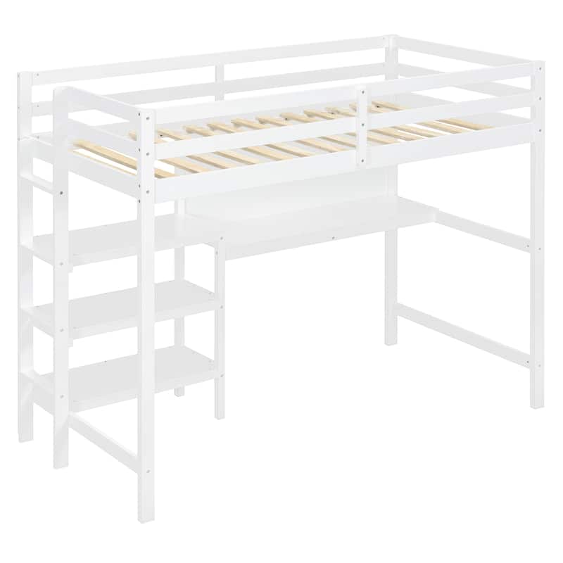 Twin Size Wooden Loft Bed with Desk, Shelves, and Writing Board