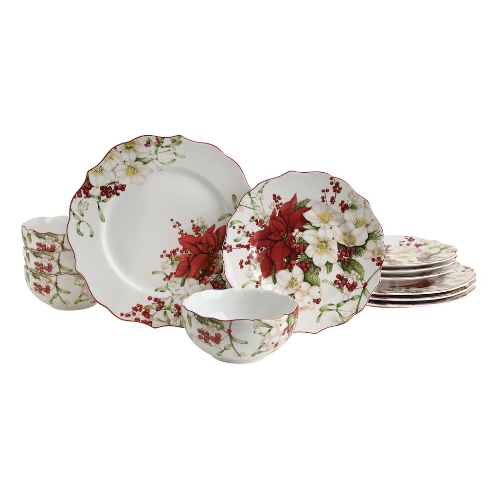 222 Fifth Winter Harmony 12-Piece Porcelain Dinnerware Set for 4, White/Red Dish Set