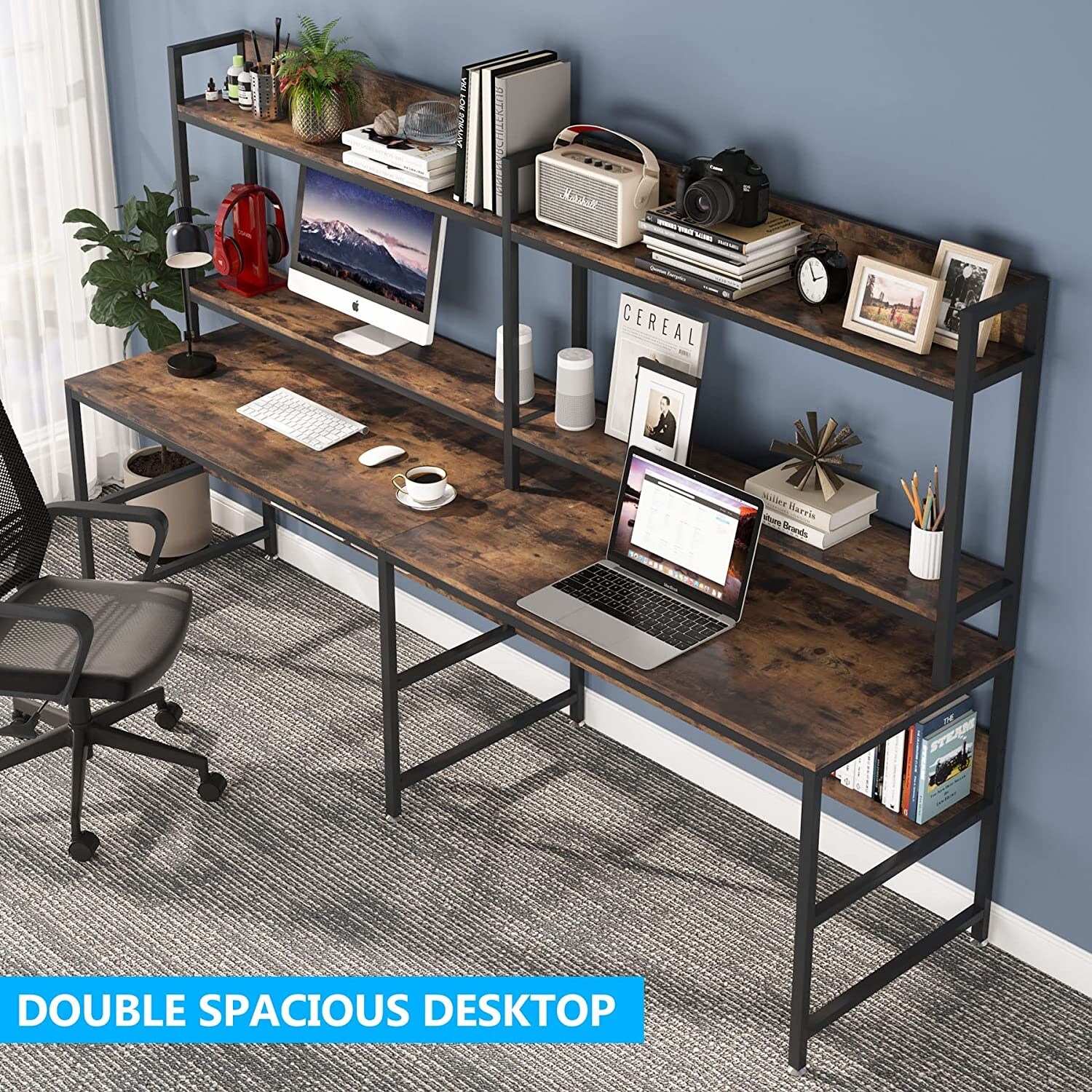 ダブルデスク 94 inches double computer desk two person desk with hutch and