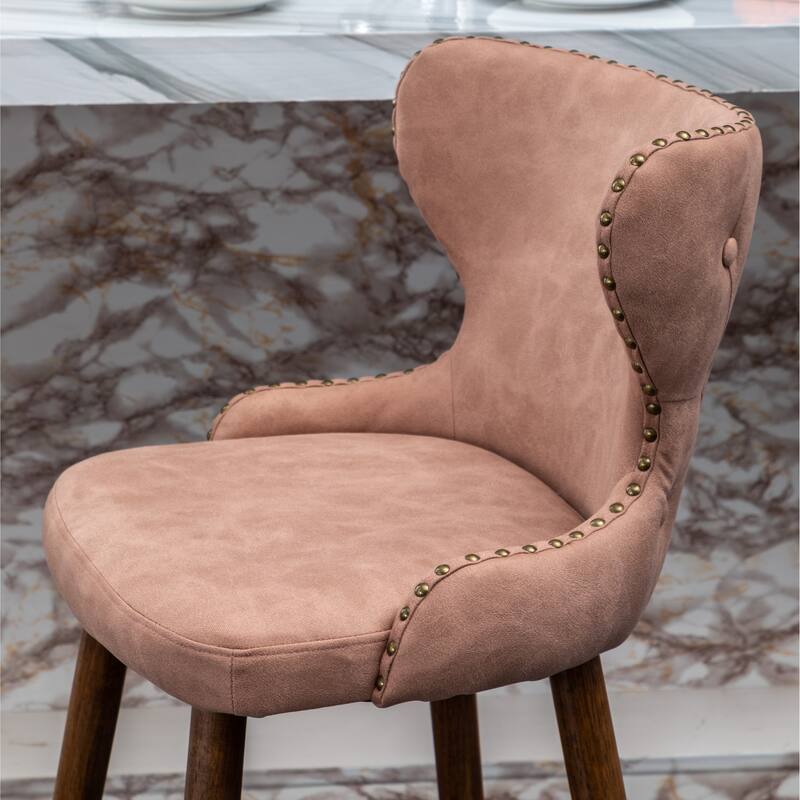 Mid-century Faux Leather Bar Stool Set of 2, Tufted Backrest Nailhead Trim Bar Height Chair w/Footrest for Kitchen, Dining Room