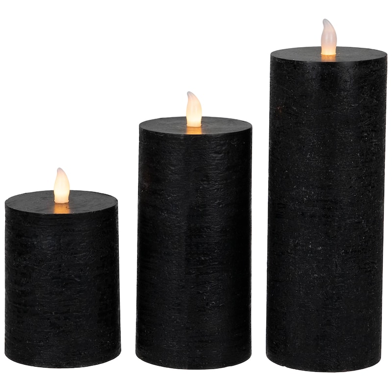 3 Flameless Solid Black Flickering LED Halloween Wax Pillar Candles 8"