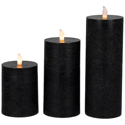 3 Flameless Solid Black Flickering LED Halloween Wax Pillar Candles 8"