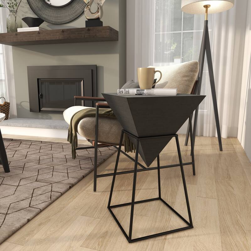 Minimalist Wood Inverted Pyramid Geometric Accent Table with Metal Stand - White or Black