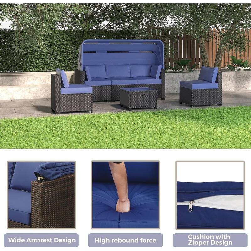 6-Piece PE Rattan Patio Sectional Set, Weather-Resistant Furniture, Retractable Canopy, Adjustable Backrest, Outdoor