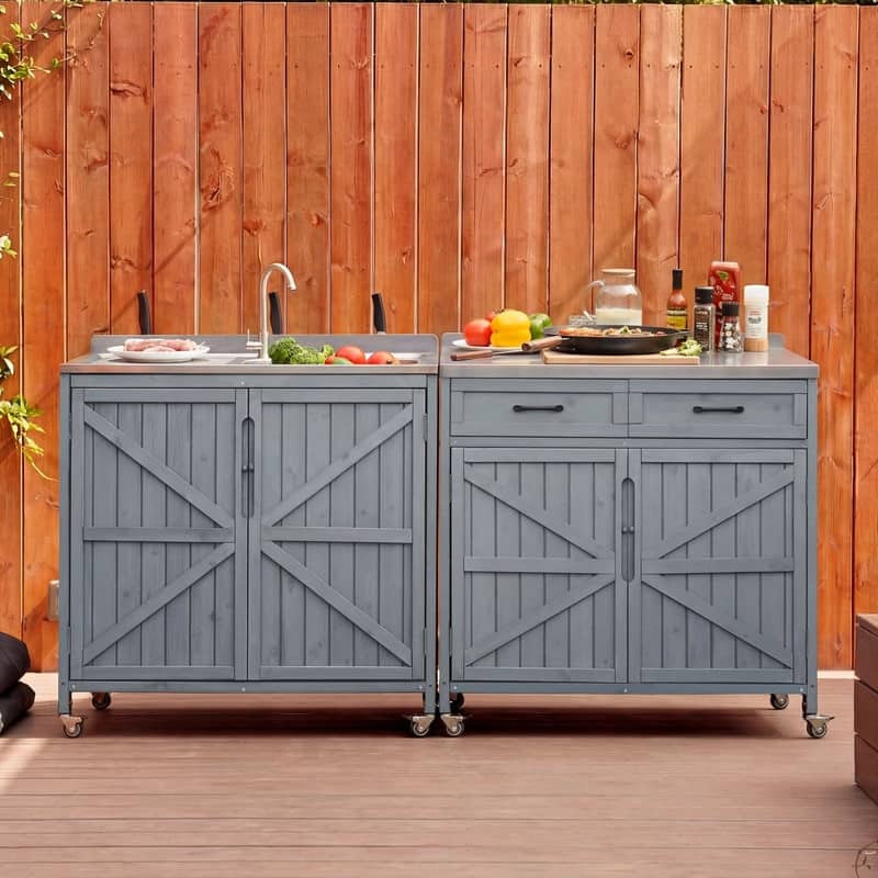 2-Piece Outdoor Kitchen Island Set with Stainless Steel Top and Sink, Drawer and Cabinets for Outdoor Storage w/ Wheels - Grey/Blue
