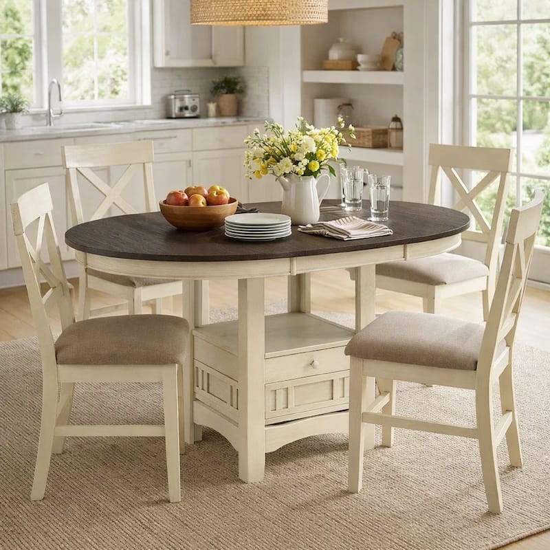 Glee 42-60 Inch Extendable Counter Height Table, Antique White and Brown