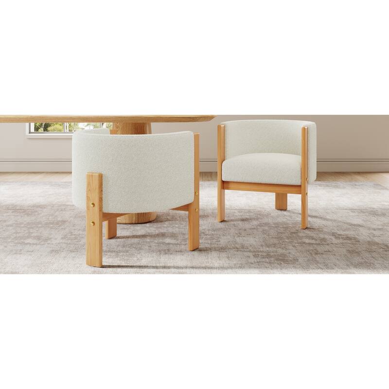 Upholstered Dining Chairs Set of 2, White Boucle Fabric Armchairs with Rubber Wood Frame, Modern Accent Chair