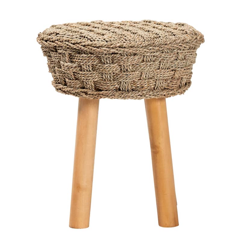 Denver Modern Bohemian Natural Seagrass and Acacia Wood Stool