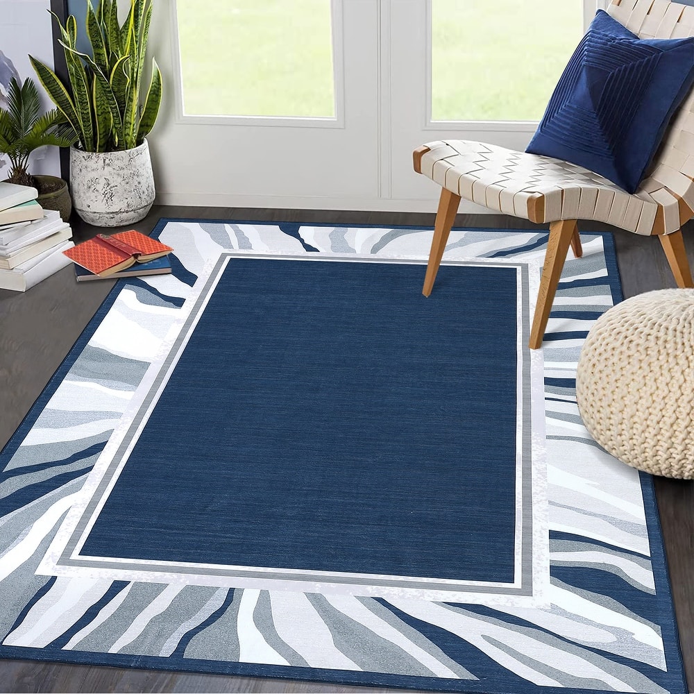 Modern Bordered Area Rugs for Living Room Bedroom Low Pile Non-Slip Rug Carpet