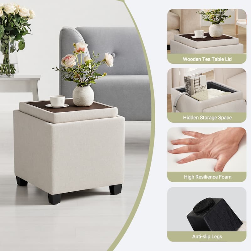 RENEWLINE ​18" Square Storage Ottoman with Tray - 250LBS Weight Capacity, Leather Upholstered Footstool for Living Room