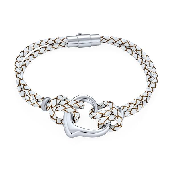 slide 1 of 8, Heart Woven Weave Braided Cord Multi Strand Leather Bracelet Steel