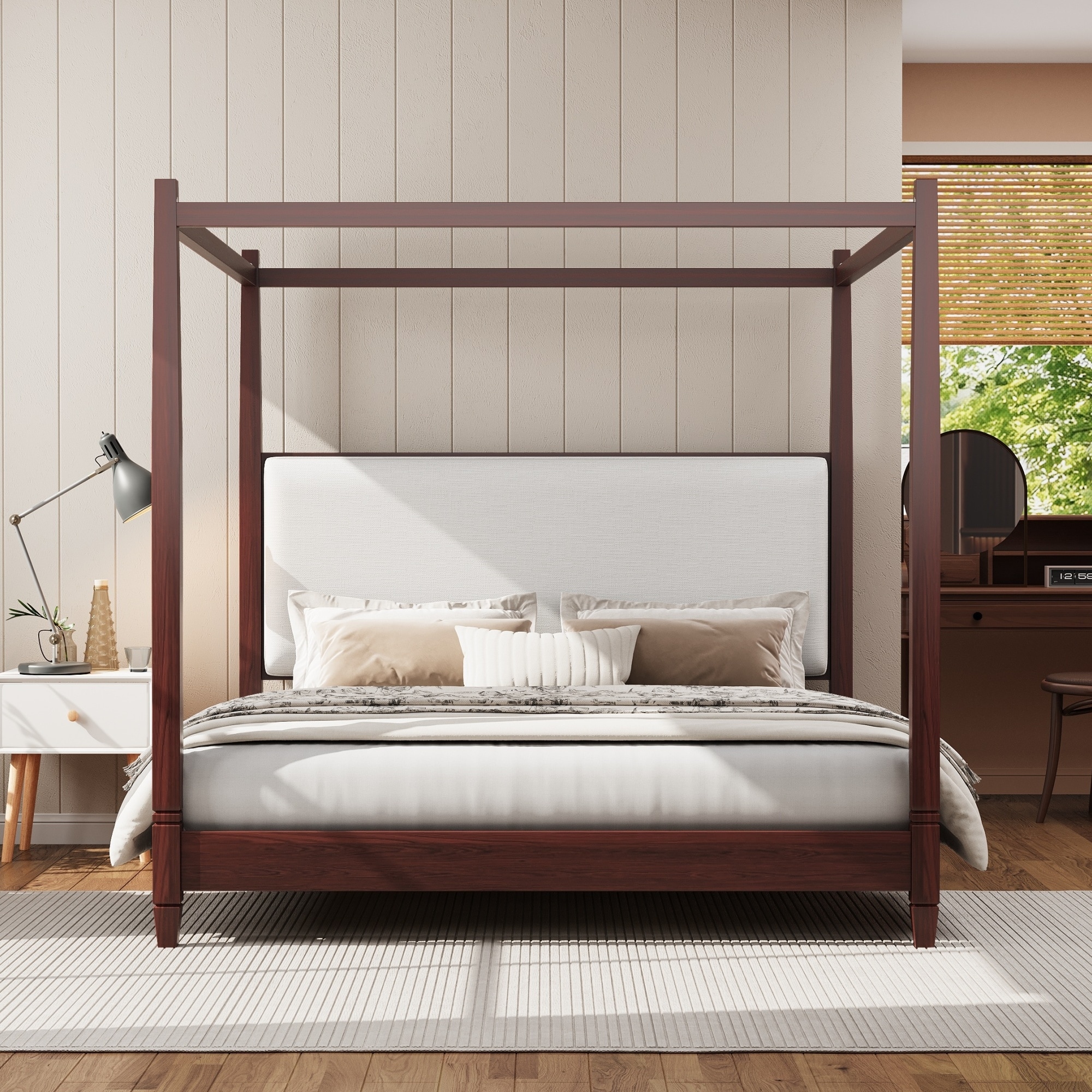 Christopher Knight Home - Rhys Ellington Canopy Solid Wood Platform Bed with Upholstered Headboard