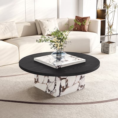 35.43" Round Solid Wood Coffee Table, with Glossy Square Faux Mable Table top