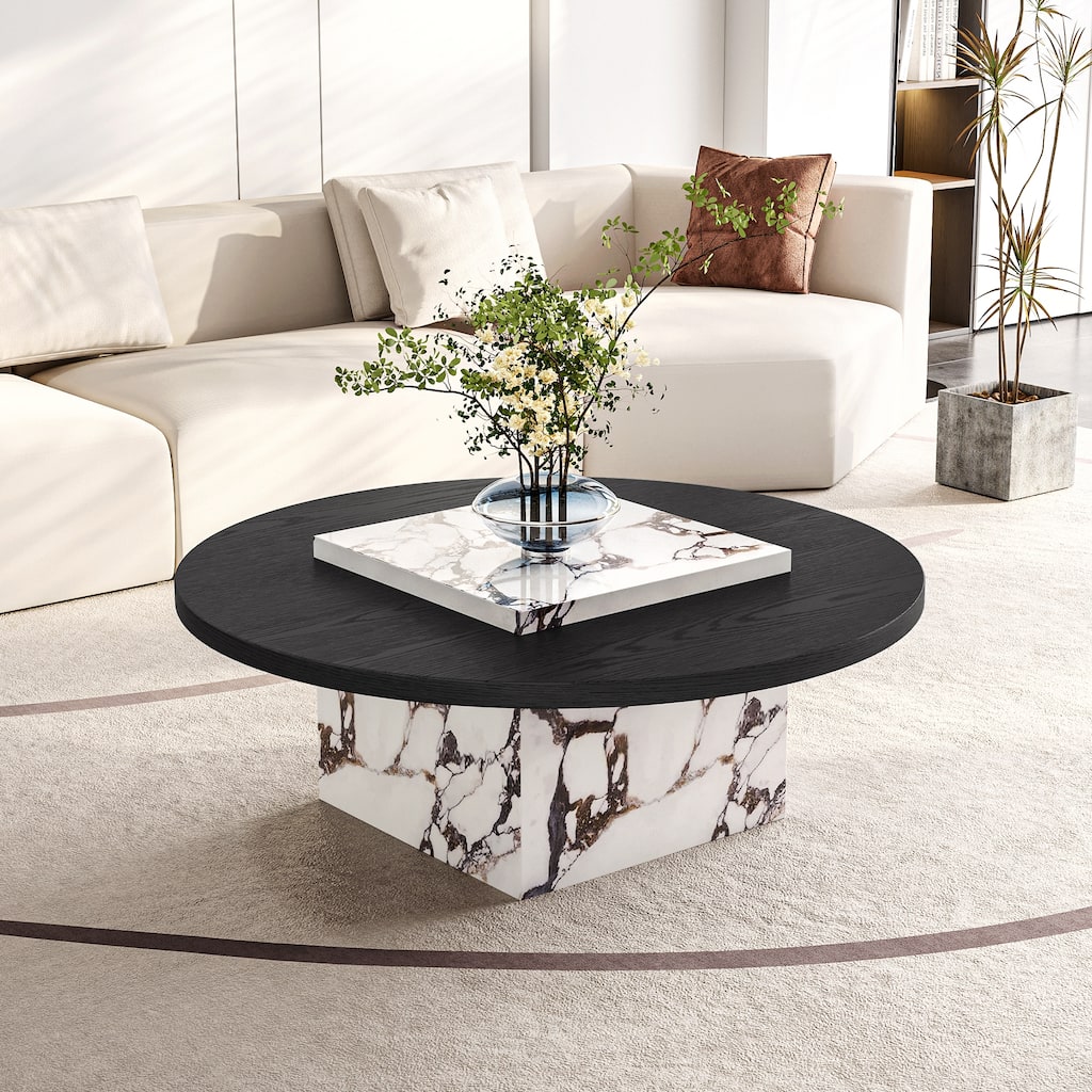 35.43" Round Solid Wood Coffee Table, with Glossy Square Faux Mable Table top