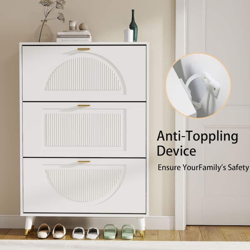 Slim Shoe Cabinet, Fluted Hidden Shoe Storage Cabinet with 3 Flip Drawers