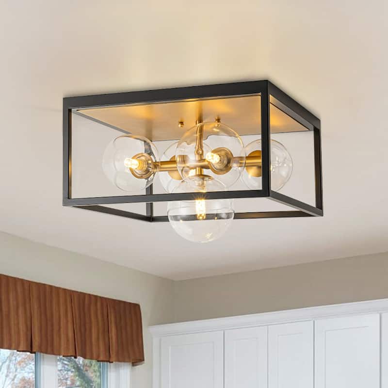 5-Light Dining Room Square Flush Mount With Clear Glass Globe Shade - 14.2in