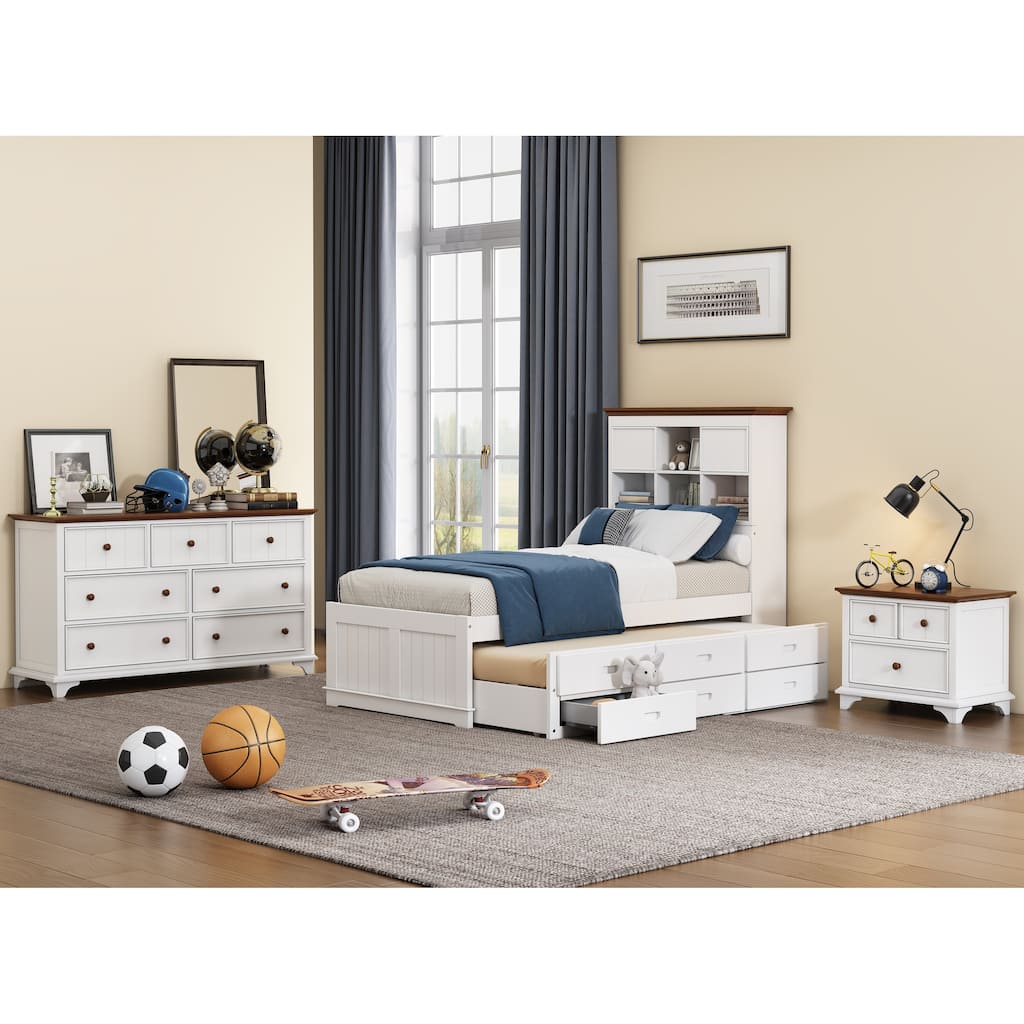 3-Piece Bedroom Set, Twin/Full Size Captain Bed w/ Trundle, 3 Drawers & Storage Headboard, Storage Nightstand & 7-Drawer Dresser