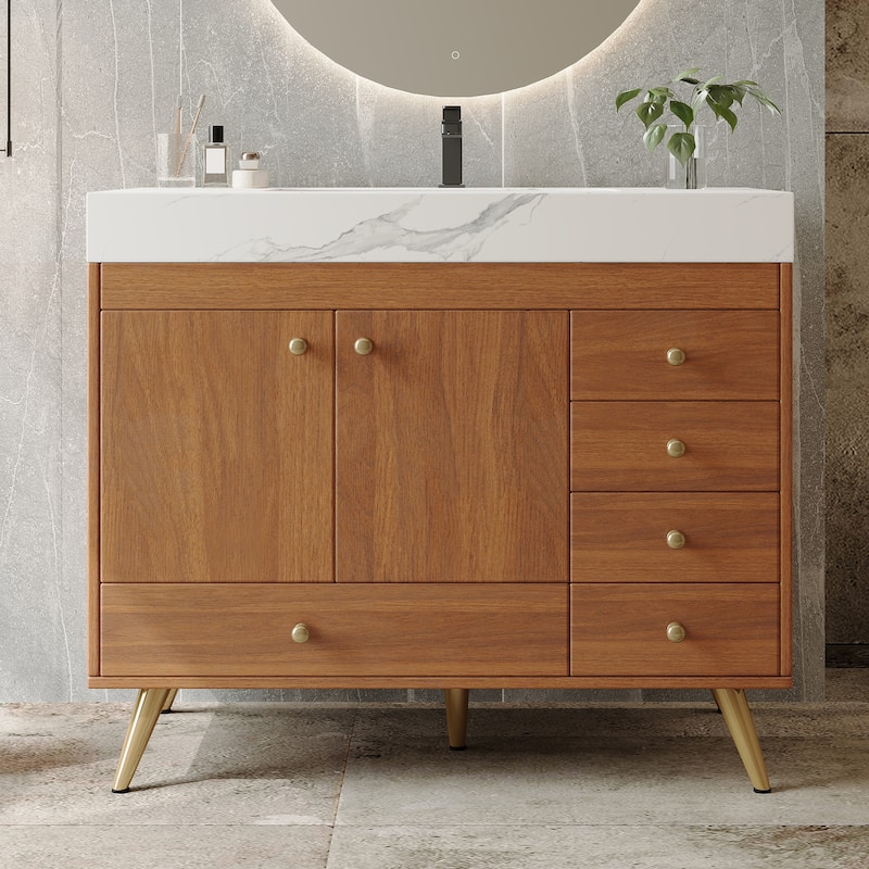36" Bathroom Vanity with Faux Marble Top & Ceramic Sink, 5-Drawer Storage Cabinet with Stainless Steel Legs - Walnut+White