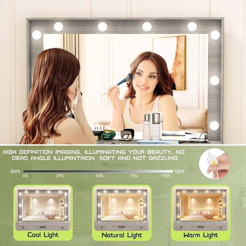 43.3'' Wide Makeup Vanity Dressing With Lighted Mirror and Stool