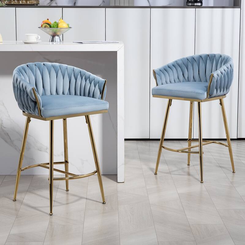 26''Counter Height Bar Stools w/Velvet Upholstery and Golden Chromed Base（Set of 2） - N/A - Blue