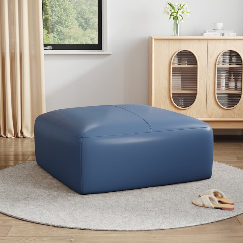 35" Genuine Leather Ottoman, Upholstered Ottoman for Living Room - Blue