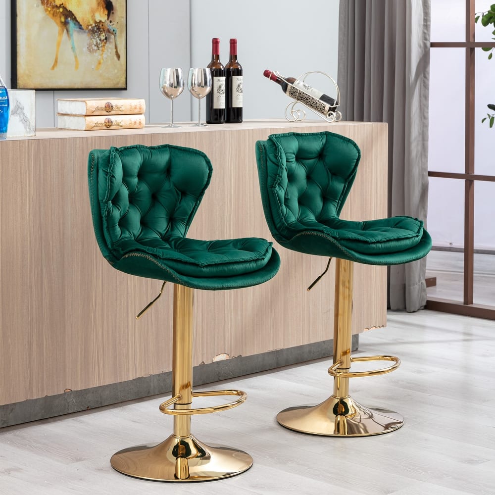 Velvet Swivel Bar Stools Set of 2 with Tufted Upholstered, Height Adjustable Mechanical Lifting, Golden Chrome Footrest and Base